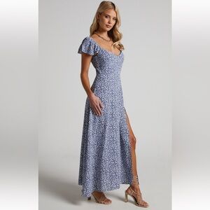 Showpo Donissa Midi Dress Thigh split flutter sleeve dress in blue sz 16 NWOT